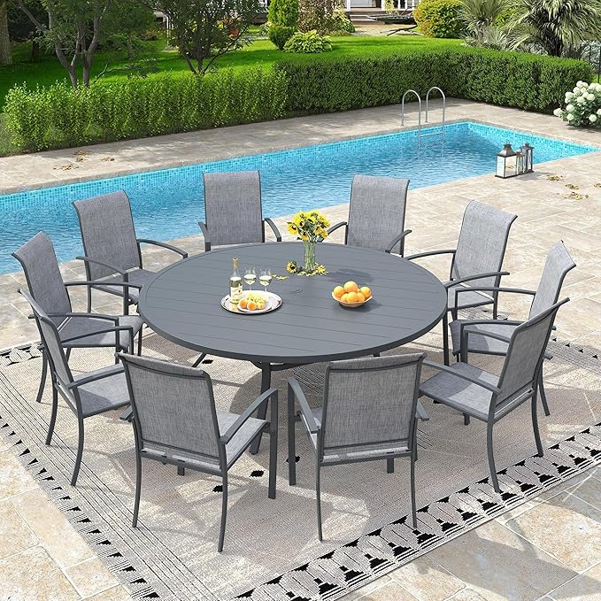 VICLLAX 63" Outdoor Patio Dining Table for 8-10, Metal Round Table with Umbrella Hole for Deck Lawn Garden Backyard, Dark Grey