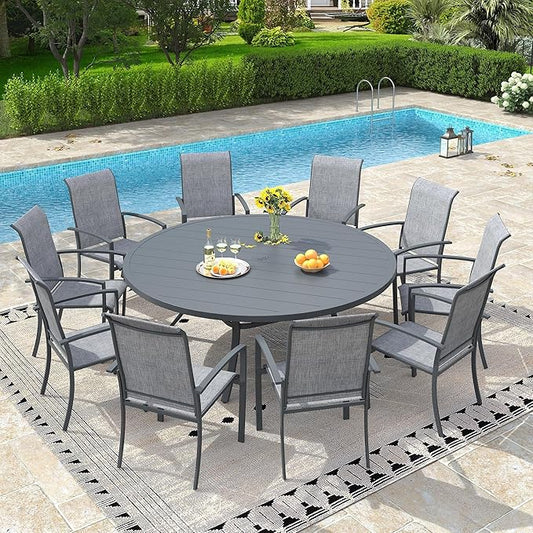 VICLLAX 63" Outdoor Patio Dining Table for 8-10, Metal Round Table with Umbrella Hole for Deck Lawn Garden Backyard, Dark Grey