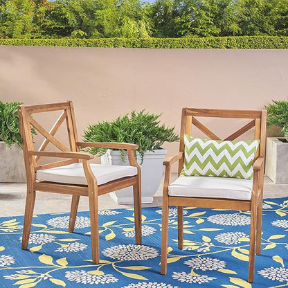 Christopher Knight Home Peter | Outdoor Acacia Wood Dining Chair Set of 2, Teak/Cream Cushion