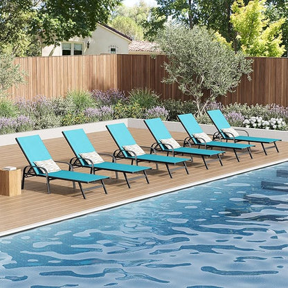Outdoor Lounge Chair, Adjustable Patio Reclining Chaise with Textilene Fabric, Pool Lounge Chair with 5-Position Backrest for Patio, Garden, Poolside & Balcony,Sky Blue Set of6