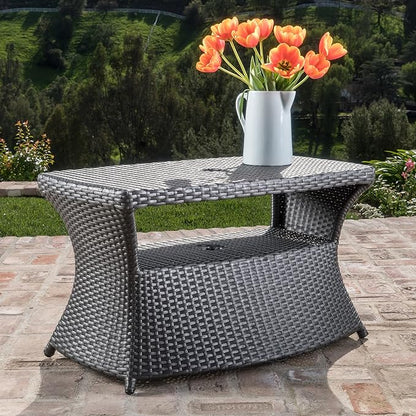 Outdoor Rattan Side Table with Umbrella Hole, All Weather 2 Tier Rattan Wicker Coffee End Table with Storage Shelf for Garden Porch Deck Backyard, No Assembly Required (Grey)