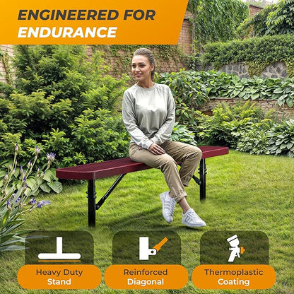 Heavy-Duty Outdoor Metal Bench, Thermoplastic-Coated, Inground, Weatherproof, Commercial-Grade for Parks, Gardens, Patios, Stores & More (6 Ft - Inground, Red)