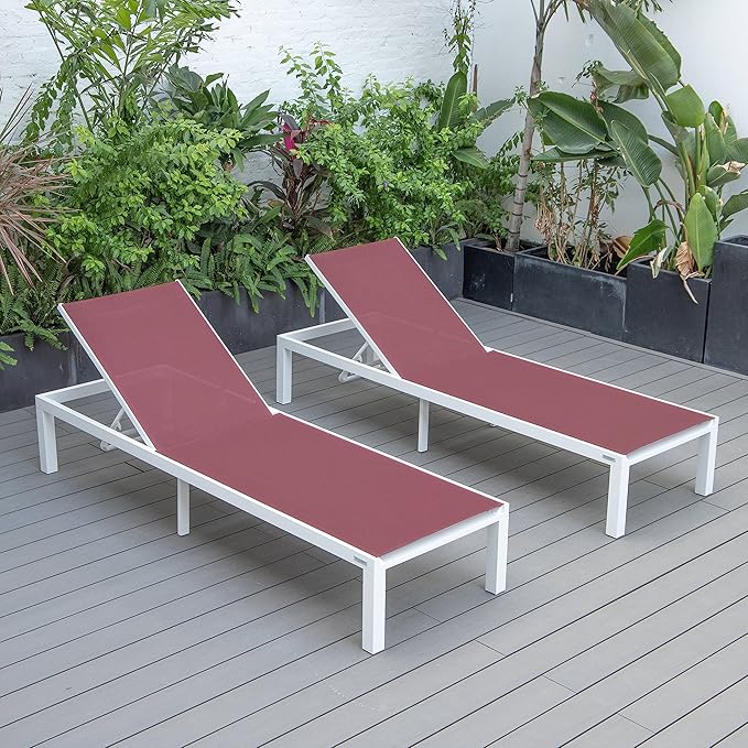 LeisureMod Marlin Aluminum Outdoor Chaise Lounge Chair (Set of 2) - Mesh Sling Fabric Seat White Aluminum Frame Beach - Photo 1