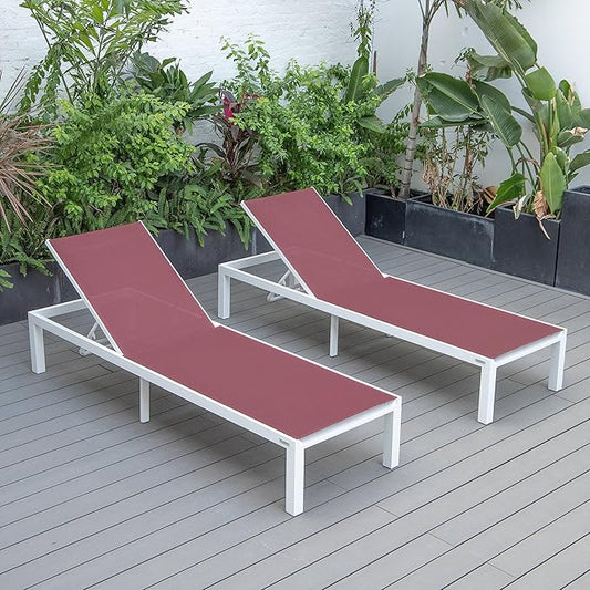LeisureMod Marlin Aluminum Outdoor Chaise Lounge Chair (Set of 2) - Mesh Sling Fabric Seat White Aluminum Frame Beach, Pool Lounge Chair for Modern Patio Lawn, Garden and Backyard (Burgundy)