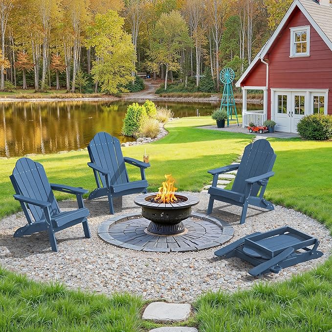 LUE BONA Folding Adirondack Chair, Chairs Set of 4, Cup Holder, Woodgrain, Fire Pit, Patio, Pool, Blue