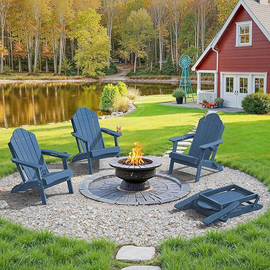 LUE BONA Folding Adirondack Chair, Chairs Set of 4, Cup Holder, Woodgrain, Fire Pit, Patio, Pool, Blue