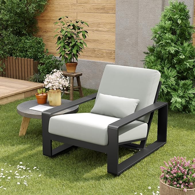 Christopher Knight Home Aspen Outdoor Aluminum Club Chair, Durable Aluminum Lounge Chair, Armchair with Cushions, Metal Accent Chair, Tilt Backrest Recliner for Backyard, Garden, Balcony, Black+Grey