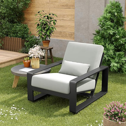 Christopher Knight Home Aspen Outdoor Aluminum Club Chair, Durable Aluminum Lounge Chair, Armchair with Cushions, Metal Accent Chair, Tilt Backrest Recliner for Backyard, Garden, Balcony, Black+Grey