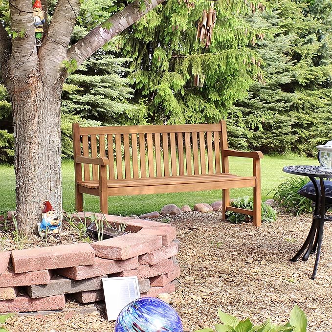 Sunnydaze 2-Person Outdoor Bench for Front Porch or Park - Wooden Teak Patio Garden Bench with Backrest - 675 lb Weight Capacity - 60"