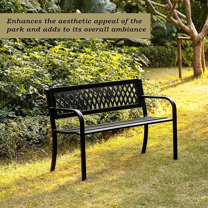 Gardenised Outdoor Steel 47" Park Bench for Yard, Patio, Garden and Deck, Black Weather Resistant Porch Bench, Park Seating