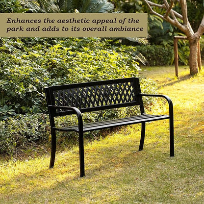 Gardenised Outdoor Steel 47" Park Bench for Yard, Patio, Garden and Deck, Black Weather Resistant Porch Bench, Park Seating