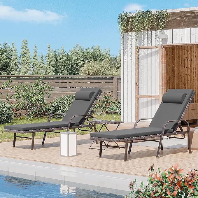 ALAULM 3 Pieces Outdoor Chaise Lounge Set Rattan Wicker Adjustable Pool Lounge Chair w/Folding Table,Patio Armrest Recliner for Beach, Poolside,Black