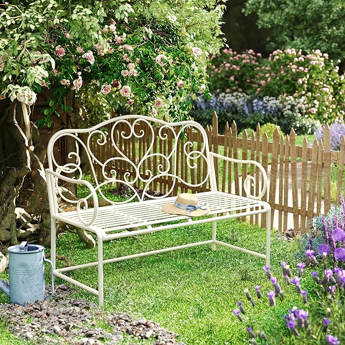 Christopher Knight Home Layon Patio Iron Garden Bench, Outdoor Loveseat for 2 People, Porch/Park Bench with Flower Design Backrest, Slatted Seat, Matte White