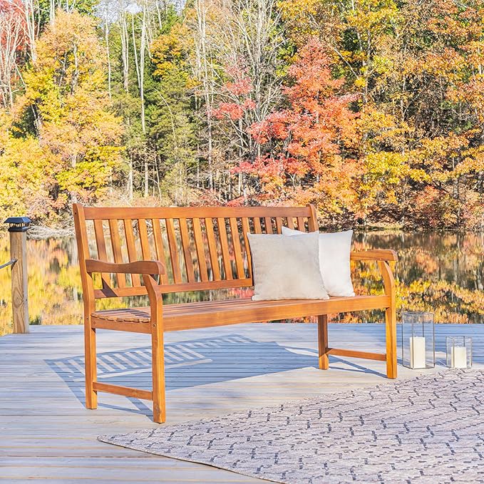 JONATHAN Y BNH101A Laurel 59.1" 3-Seat Slat-Back 600-Lbs Support Acacia Wood Outdoor Garden Patio Bench for Garden, Lawn - Photo 2