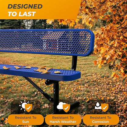 Heavy-Duty Outdoor Metal Bench, Thermoplastic-Coated, Portable, Weatherproof, Commercial-Grade for Parks, Gardens, Patios, Stores & More (6 Ft - Portable with Back, Blue)