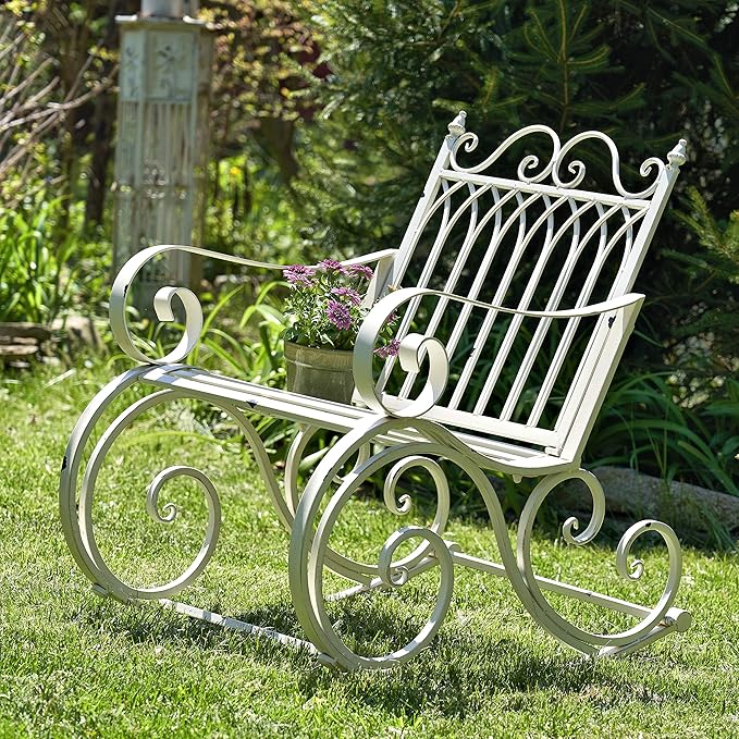Zaer Ltd. Outdoor Metal Rocking Arm Chair/Bench (Arm Chair, Antique White)
