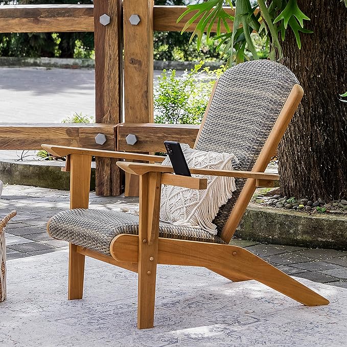 Cambridge Casual Teak Camden Outdoor Adirondack Chair with Padded Woven Seat, Free Patio Cover, Koboo Gray All-Weather Wicker & Solid Teak Wood Frame, Quick-Dry Foam Adirondack Chair for Patio