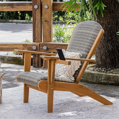 Cambridge Casual Teak Camden Outdoor Adirondack Chair with Padded Woven Seat, Free Patio Cover, Koboo Gray All-Weather Wicker & Solid Teak Wood Frame, Quick-Dry Foam Adirondack Chair for Patio