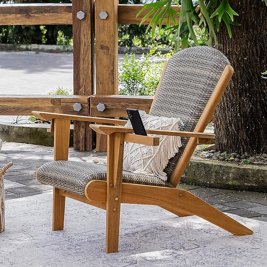 Cambridge Casual Teak Camden Outdoor Adirondack Chair with Padded Woven Seat, Free Patio Cover, Koboo Gray All-Weather Wicker & Solid Teak Wood Frame, Quick-Dry Foam Adirondack Chair for Patio