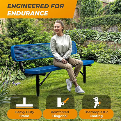 Heavy-Duty Outdoor Metal Bench, Thermoplastic-Coated, Inground, Weatherproof, Commercial-Grade for Parks, Gardens, Patios, Stores & More (6 Ft - Inground with Back, Blue)