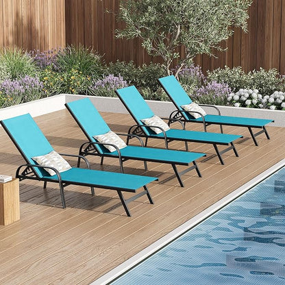 Outdoor Lounge Chair, Adjustable Patio Reclining Chaise with Textilene Fabric, Pool Lounge Chair with 5-Position Backrest for Patio, Garden, Poolside & Balcony,Sky Blue Set of 4