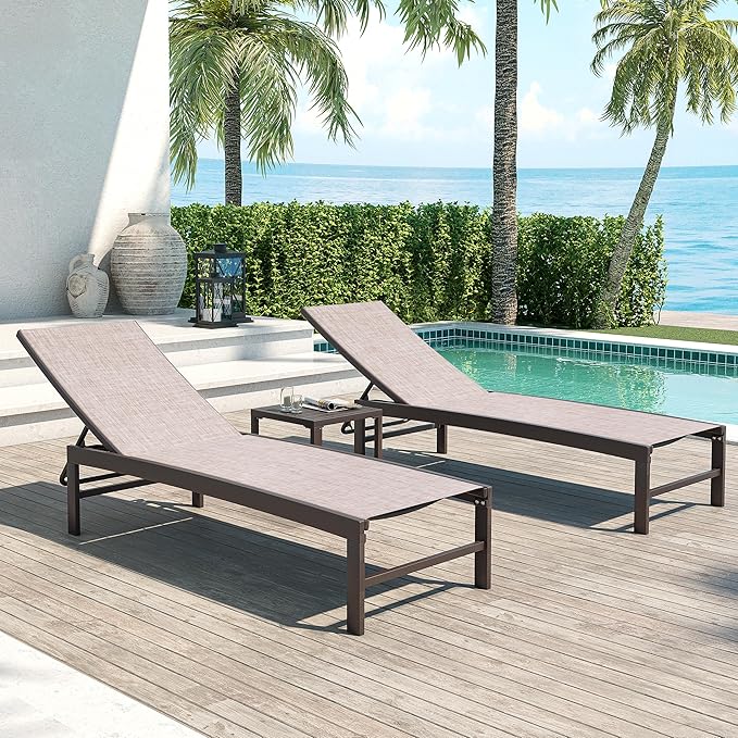 Crestlive Products 2PCS Chaise Lounge Chairs Outdoor with 1PC Side Table, Patio Lounge Set, Adjustable Five-Position Recliner for Beach, Pool, Sunbathing, Lawn, Yard