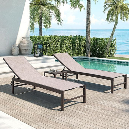 Crestlive Products 2PCS Chaise Lounge Chairs Outdoor with 1PC Side Table, Patio Lounge Set, Adjustable Five-Position Recliner for Beach, Pool, Sunbathing, Lawn, Yard