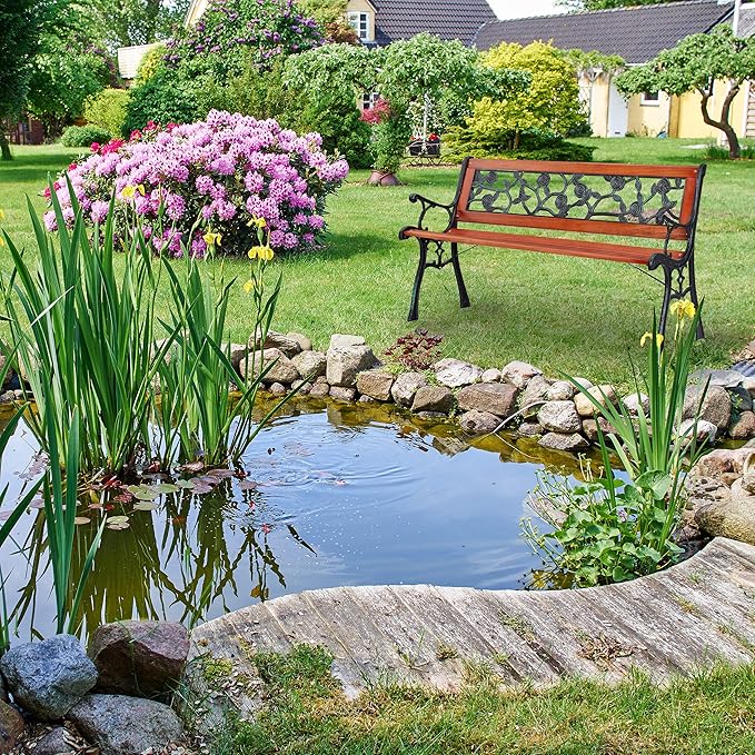 Relaxdays Garden Bench, Rose Pattern, 2 Seater, Wood & Cast Iron, Balcony & Patio, Bench, 73 x 125 x 52.5 cm, Natural/Green