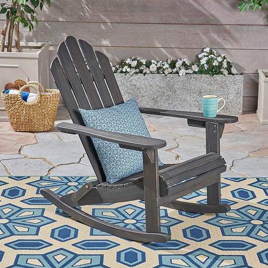 Christopher Knight Home Adirondack Rocking Chair Outdoor Acacia Wood Patio Rocker with Slat Panel Design for Porch Backyard Garden, Dark Grey