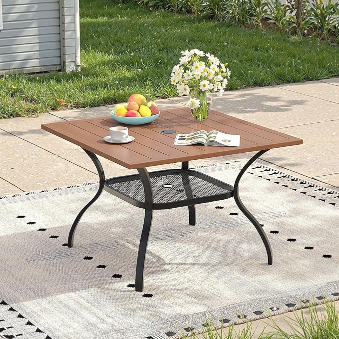 Outdoor Dining Table with Adjustable Umbrella Hole, 37.8" All-Weather Square Patio Dining Table for 4, Metal Patio Table for Garden Lawn Porch Deck Yard, Walnut