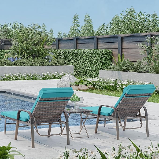 ALAULM 3 Pieces Outdoor Chaise Lounge Set Rattan Wicker Adjustable Pool Lounge Chair w/Folding Table,Patio Armrest Recliner for Beach, Poolside,Blue