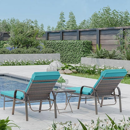 ALAULM 3 Pieces Outdoor Chaise Lounge Set Rattan Wicker Adjustable Pool Lounge Chair w/Folding Table,Patio Armrest Recliner for Beach, Poolside,Blue