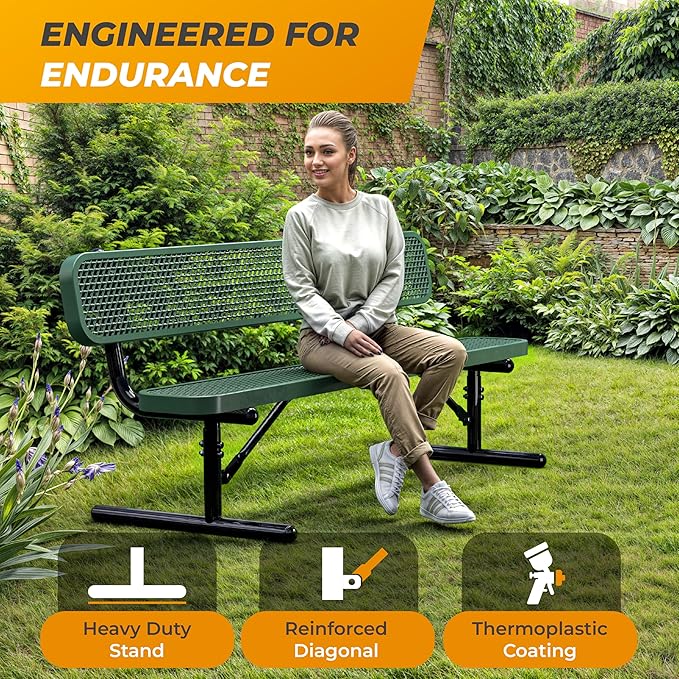 Heavy-Duty Outdoor Metal Bench, Thermoplastic-Coated, Portable, Weatherproof, Commercial-Grade for Parks, Gardens, Patios, Stores & More (6 Ft - Portable with Back, Green)