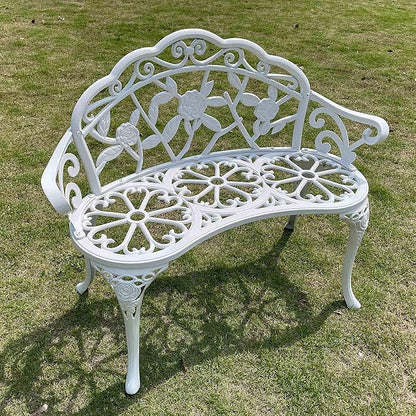 Mandolin Outdoor Benc Park Garden Chair,All Chair Anti Rust Cast Aluminum Patio Yard Bench,Carved Rose Loveseat Bench for Backyard .Porch.Balcony.Lawn (White)