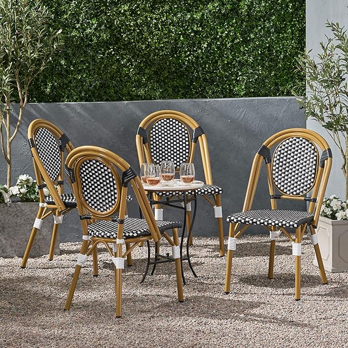 Christopher Knight Home Gwendolyn Outdoor French Bistro Chairs (Set of 4), Black + White + Bamboo Print Finish - Photo 2