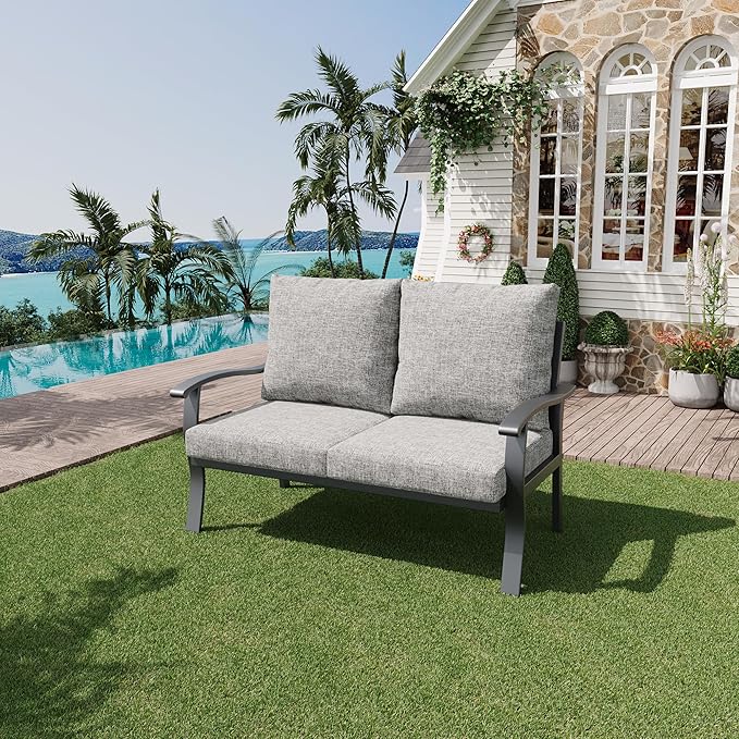 HOMREST Outdoor Loveseat Aluminum Patio Furniture Sofa, All-Weather Metal Outdoor Couch with Cushions, Grey - Photo 2