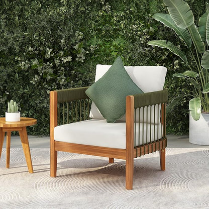 Christopher Knight Home Vinny Outdoor Accent Chair, Acacia Wood Club Chair, Handwoven Rope Armchair with Removable Cushions, Comfort Seating Single Reading Sofa for Garden Backyard Porch, Green+Beige