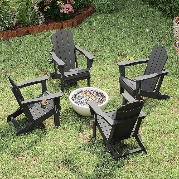 Domi Folding Adirondack Chair Set of 4, HDPE All-Weather Adirondack Chairs with Cup Holder, Outdoor Plastic Fire Pit Chairs Wood Texture for Poolside, Patio, Backyard, Deck (Grey)