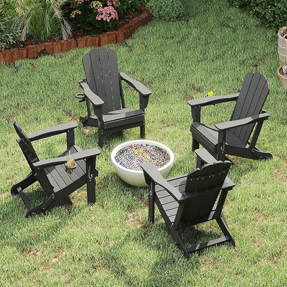 Domi Folding Adirondack Chair Set of 4, HDPE All-Weather Adirondack Chairs with Cup Holder, Outdoor Plastic Fire Pit Chairs Wood Texture for Poolside, Patio, Backyard, Deck (Grey)