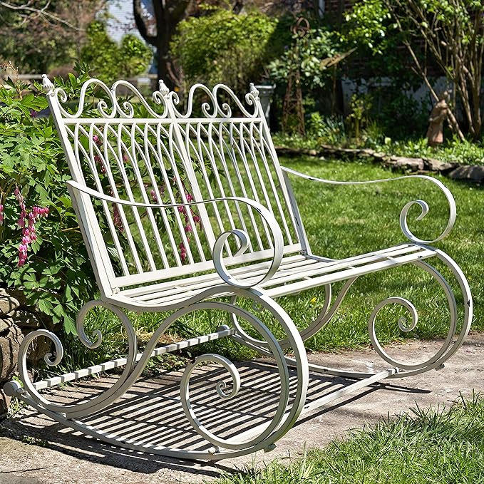 Zaer Ltd. Outdoor Metal Rocking Arm Chair/Bench (Bench, Antique White)