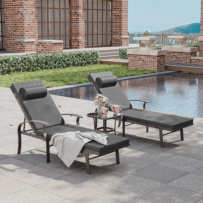 3 Pieces Patio Chaise Lounge Set Aluminum Outdoor Lounge Chair Adjustable Backrest Patio Chaise Lounge Chair Armrest Lounge Chair Set with Side Table for Backyard Porch Beach Lawn Black