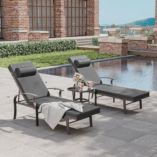 3 Pieces Patio Chaise Lounge Set Aluminum Outdoor Lounge Chair Adjustable Backrest Patio Chaise Lounge Chair Armrest Lounge Chair Set with Side Table for Backyard Porch Beach Lawn Black