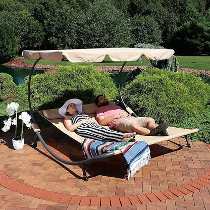 Sunnydaze Outdoor Double Chaise Lounge Bed with Canopy and Headrest Pillow - Beige Fabric with Black Powder-Coated Steel Frame