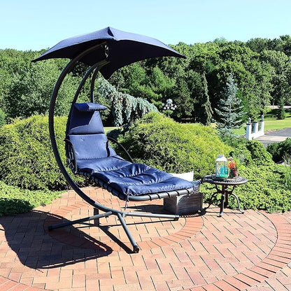 Sunnydaze Floating Chaise Lounger Swing Chair with Umbrella Canopy - Curved Steel Hammock Lounge Chair with Cushion and Pillow - Removable Cushion and Umbrella Shade - 82-Inch Tall - Navy Blue