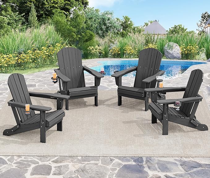 SERWALL Foldable Adirondack Chair Set of 8, Oversized HDPE Adirondack Chair with Wood-Texture-Gray - Photo 2
