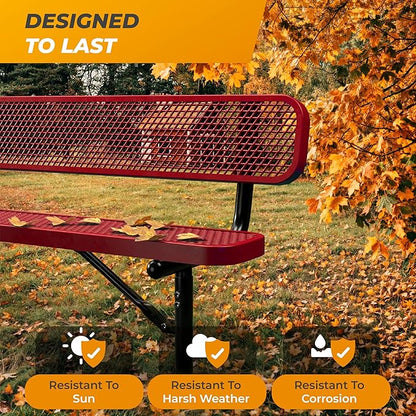 Heavy-Duty Outdoor Metal Bench, Thermoplastic-Coated, Surface, Weatherproof, Commercial-Grade for Parks, Gardens, Patios, Stores & More (4 Ft - Surface with Back, Red)