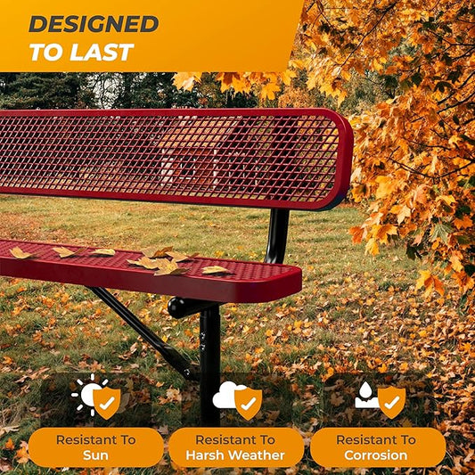 Heavy-Duty Outdoor Metal Bench, Thermoplastic-Coated, Surface, Weatherproof, Commercial-Grade for Parks, Gardens, Patios, Stores & More (4 Ft - Surface with Back, Red)