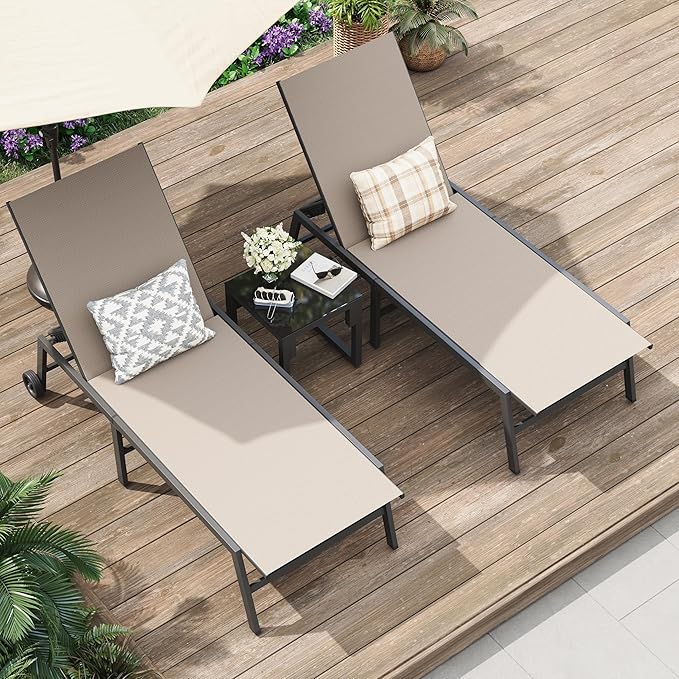 Amopatio 3 Piece Patio Lounge Chair Set, Adjustable Heavy-Duty Chaise Lounge for Outdoor, Weather Resistant Pool Lounge Furniture Set with Table for Backyard Beach, 400 LBS Capacity(Khaki)
