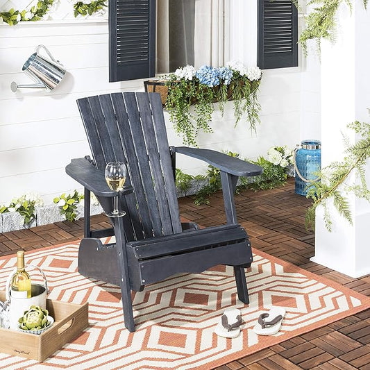 SAFAVIEH PAT6727K Outdoor Collection Vista Wine Glass Holder Adirondack Side Chair, Dark Slate Grey
