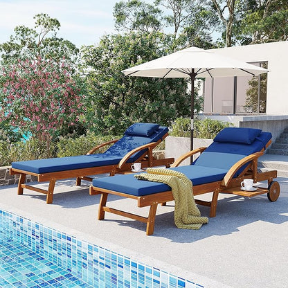 LUMISOL Acacia Wood Chaise Lounge Chair Set of 2, Patio Outdoor Chaise Lounge with Cushions, Adjustable Backrest, Leg Rest, Headrest, Retractable Side Tray for Patio, Pool, Garden, Navy Blue